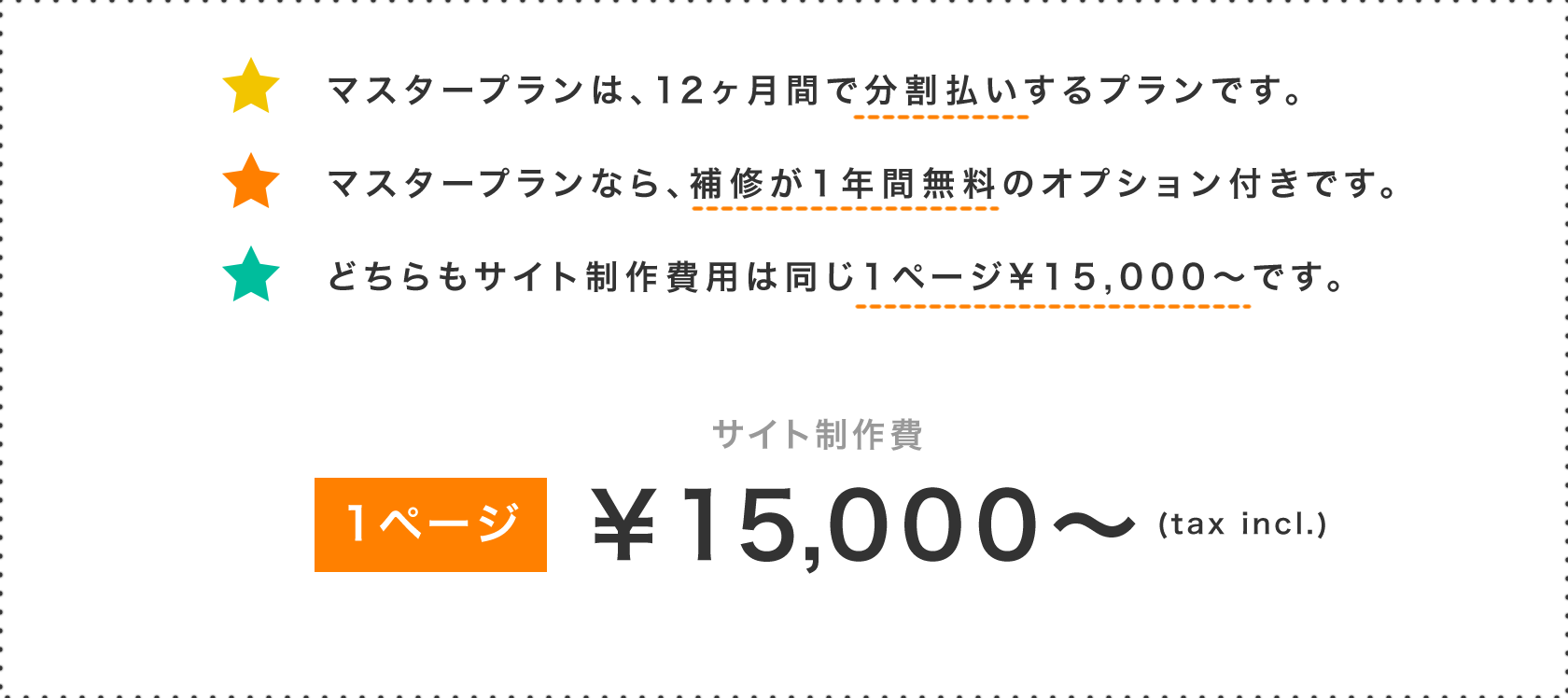 マスタープランは、12ヶ月間で分割払いするプランです。マスタープランなら、補修が1年間無料のオプション付きです。どちらもサイト制作費用は同じ1ページ¥15,000〜です。