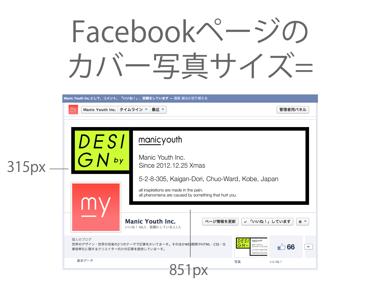 Facebookページのカバー写真のサイズは幅850×高さ315ピクセル(2013年9月現在)